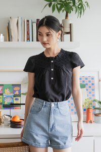 Phoebe Mixed Fabric Button Top In Black