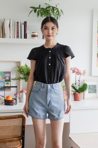 Phoebe Mixed Fabric Button Top In Black
