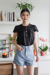Phoebe Mixed Fabric Button Top In Black