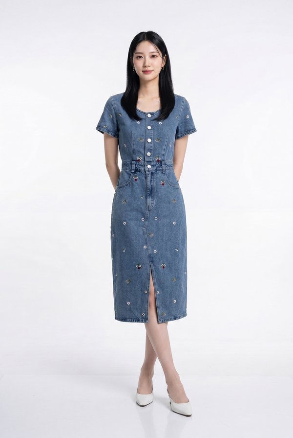 Kimmy Denim Button Embroidery Midi Dress In Dark Wash