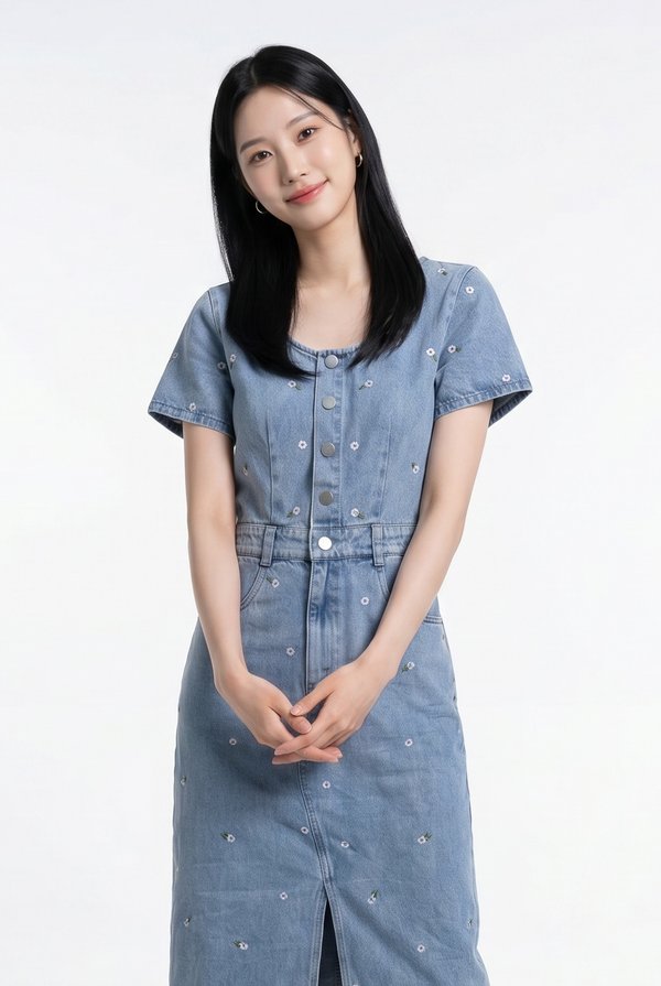 Kimmy Denim Button Embroidery Midi Dress In Light Wash