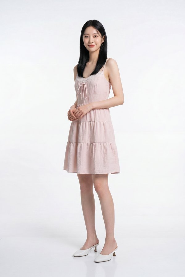Yuki Crochet Camisole Tiered Dress In Soft Pink