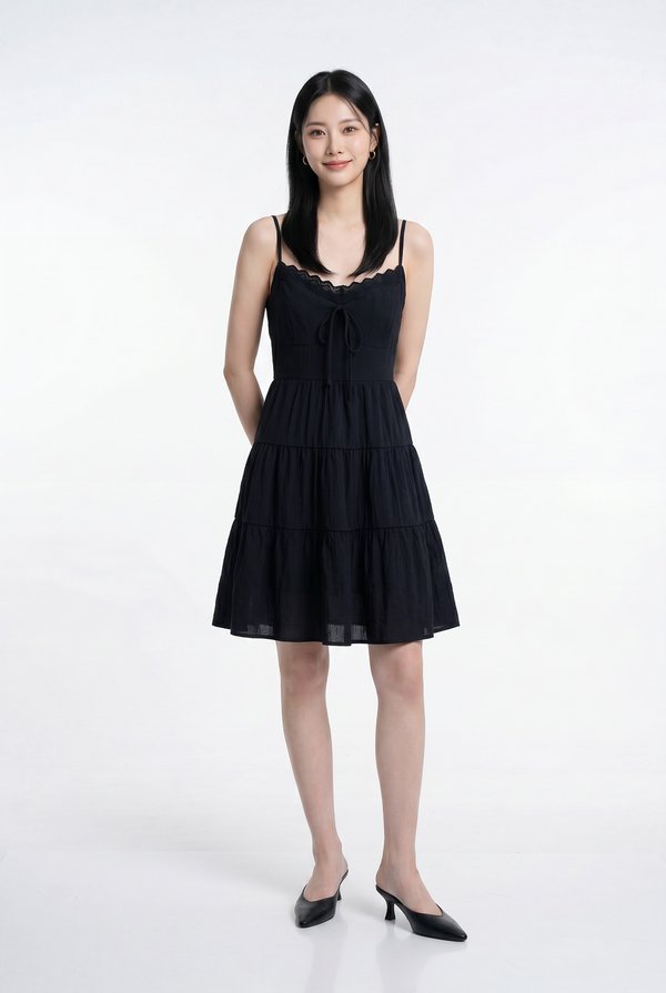 Yuki Crochet Camisole Tiered Dress In Black