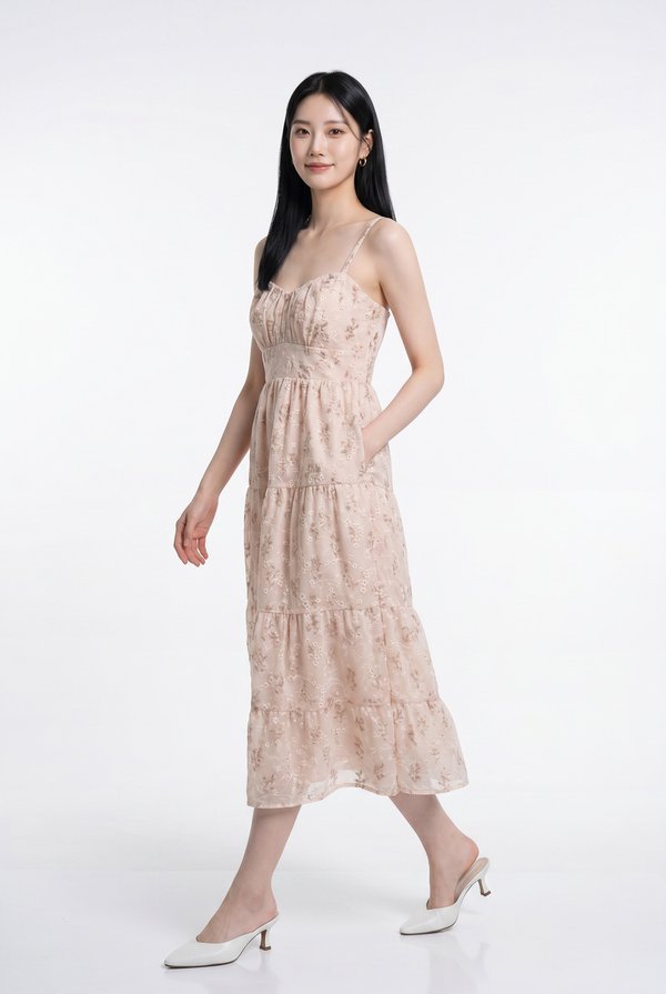 Martha Embroidery Camisole Floral Tiered Midi Dress In Blush
