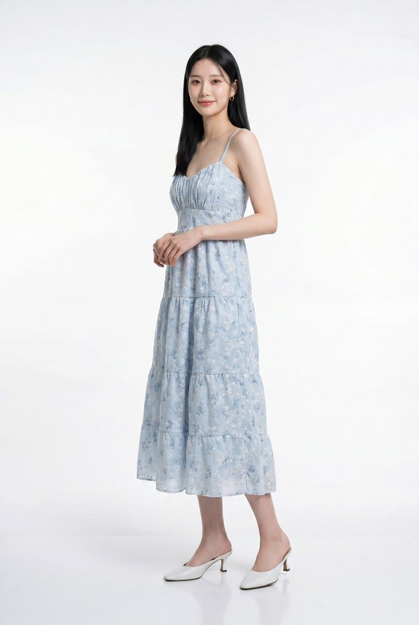 Martha Embroidery Camisole Floral Tiered Midi Dress In Soft Blue