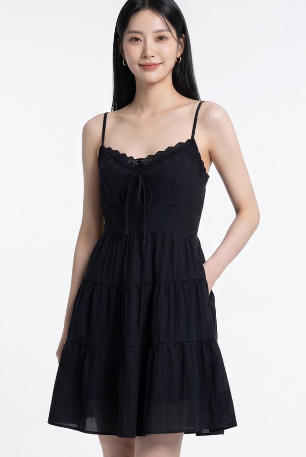 Yuki Crochet Camisole Tiered Dress In Black