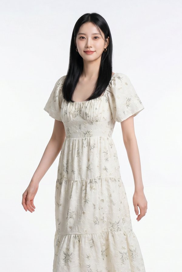 Aaira Embroidery Ruched Tiered Midi Dress In Cream