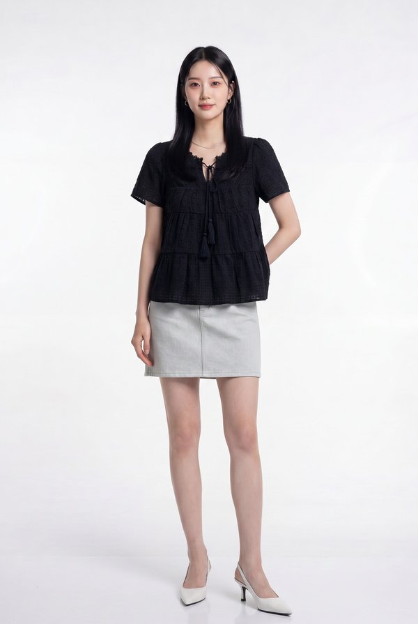 Tora Swiss Dots Cotton Tassel Top In Black