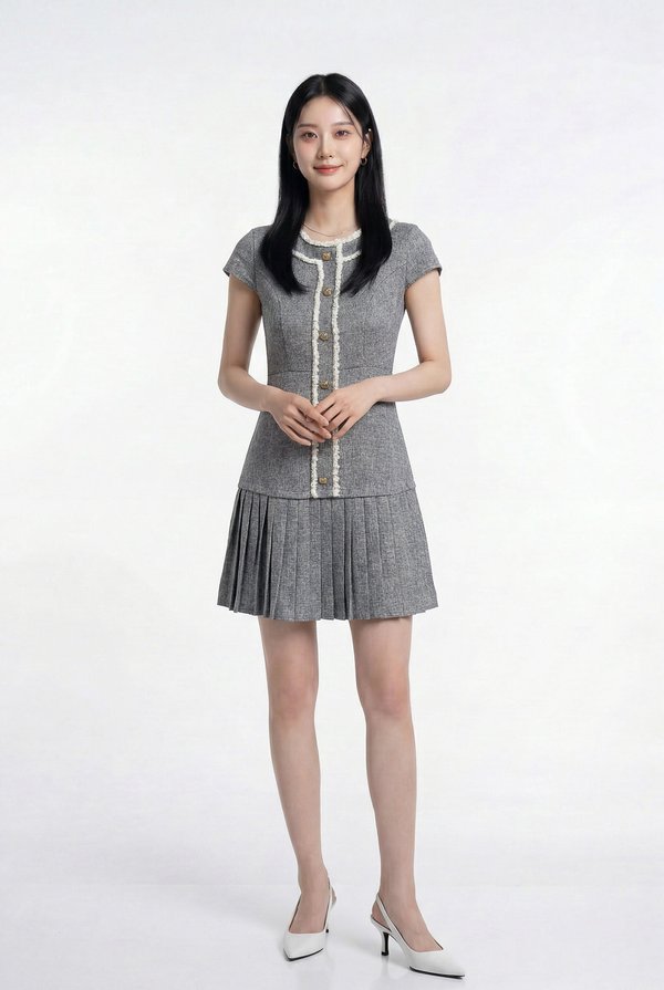 Lucia Tweed Pleated Button Dress In Grey