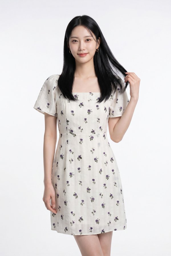 Lunox Textured Floral Dress in Cream