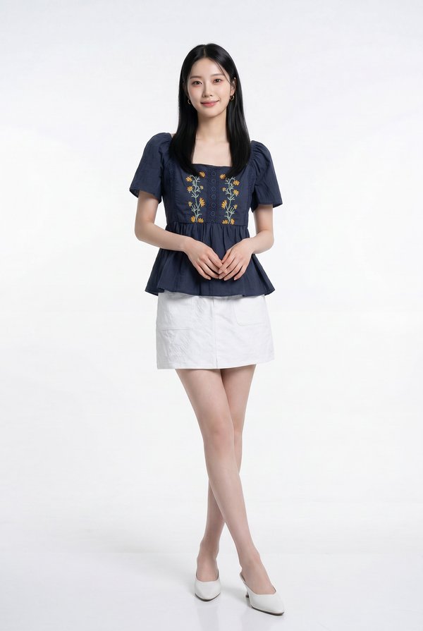 Adeline Embroidered Floral Top in Navy