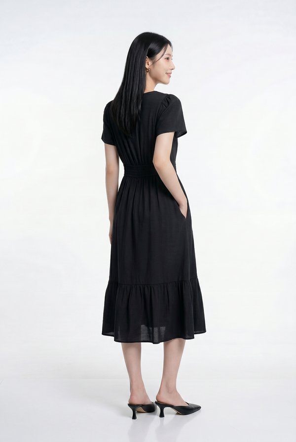Melissa Smocked Waist Midi Dress in Black