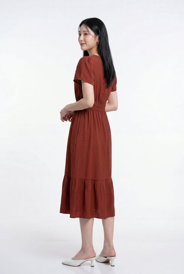 Melissa Smocked Waist Midi Dress in Brick