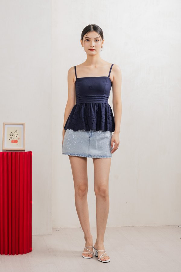 Juni Pleated Eyelet Camisole Top In Navy
