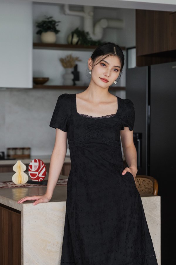 Elora Eyelet Crochet Midi Dress In Black