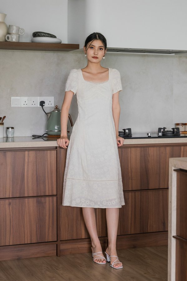 Elora Eyelet Crochet Midi Dress In Cream