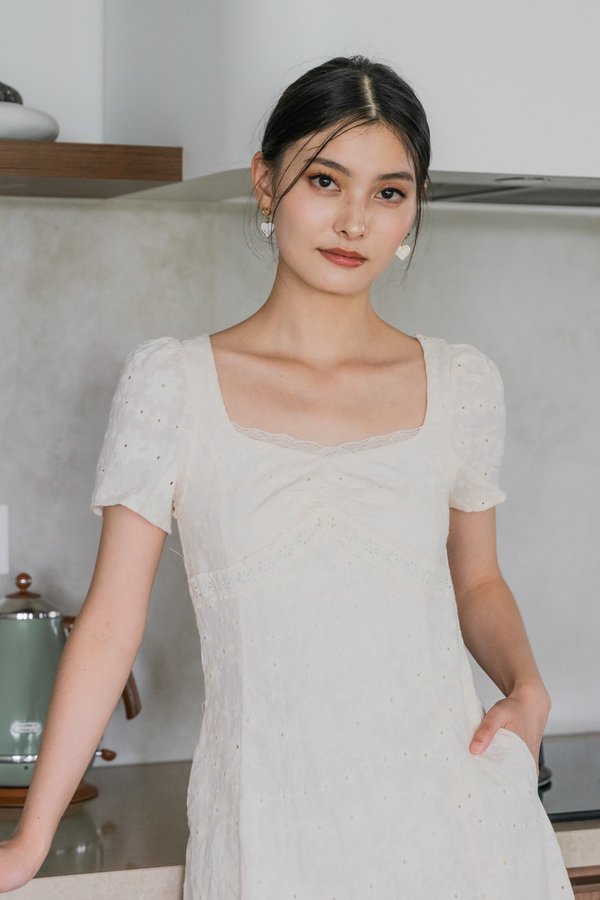 Elora Eyelet Crochet Midi Dress In Cream