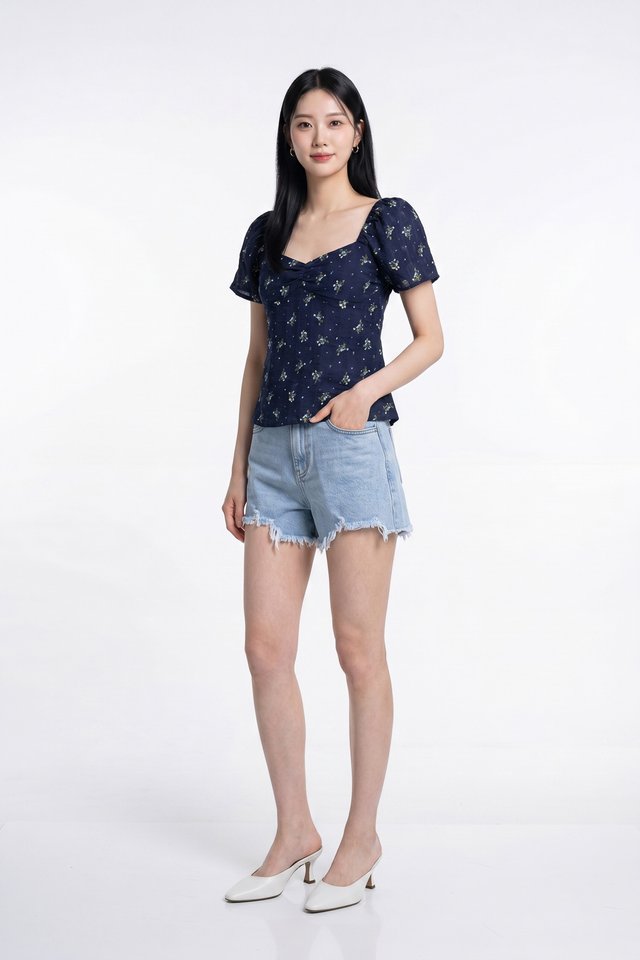 Kane Textured Sweetheart Floral Top In Navy