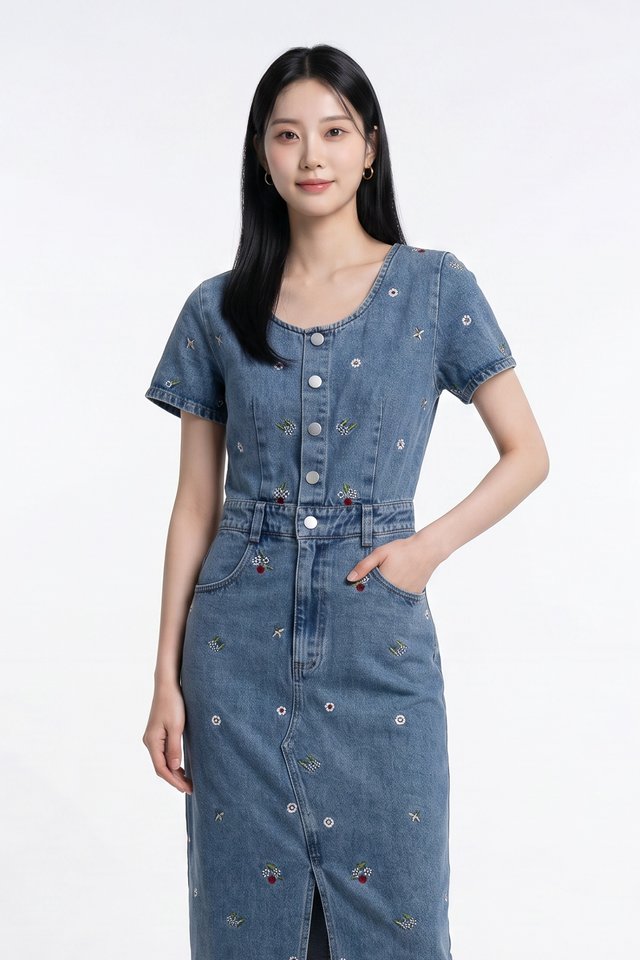 Kimmy Denim Button Embroidery Midi Dress In Dark Wash