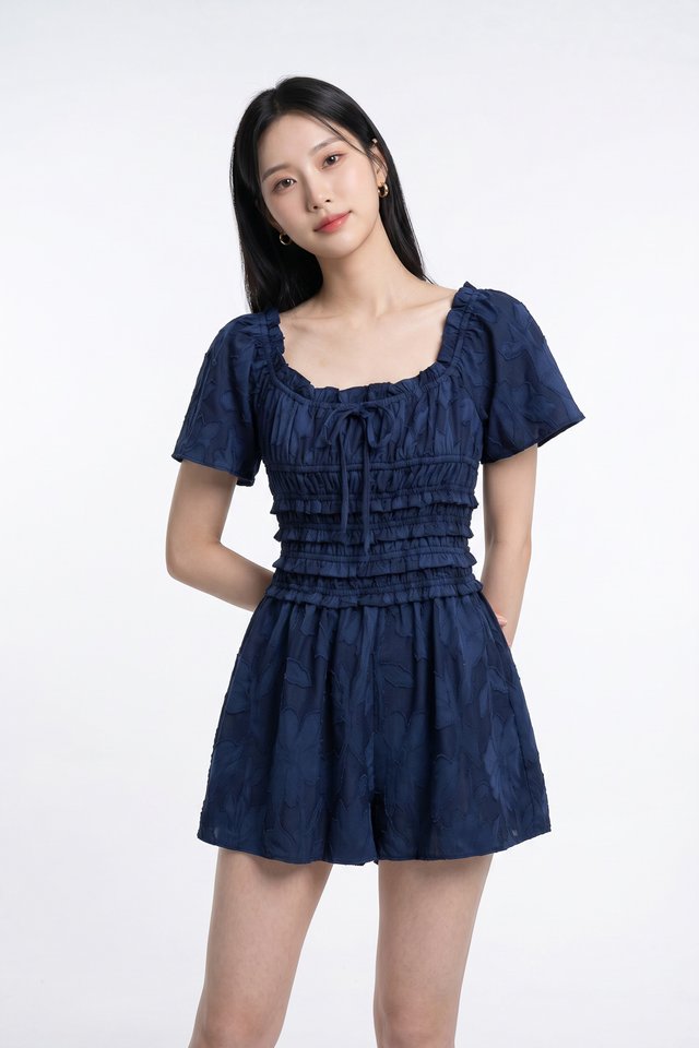 Bryce Smocked Ruffles Romper In Navy