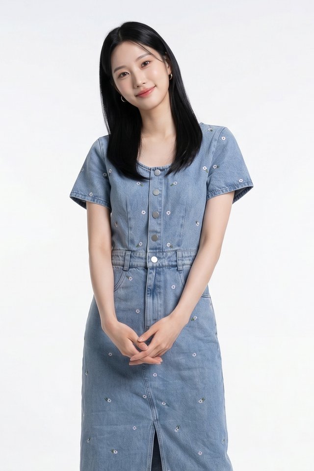 Kimmy Denim Button Embroidery Midi Dress In Light Wash