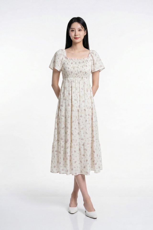 Lorraine Smocked Floral Tier Midi Dress