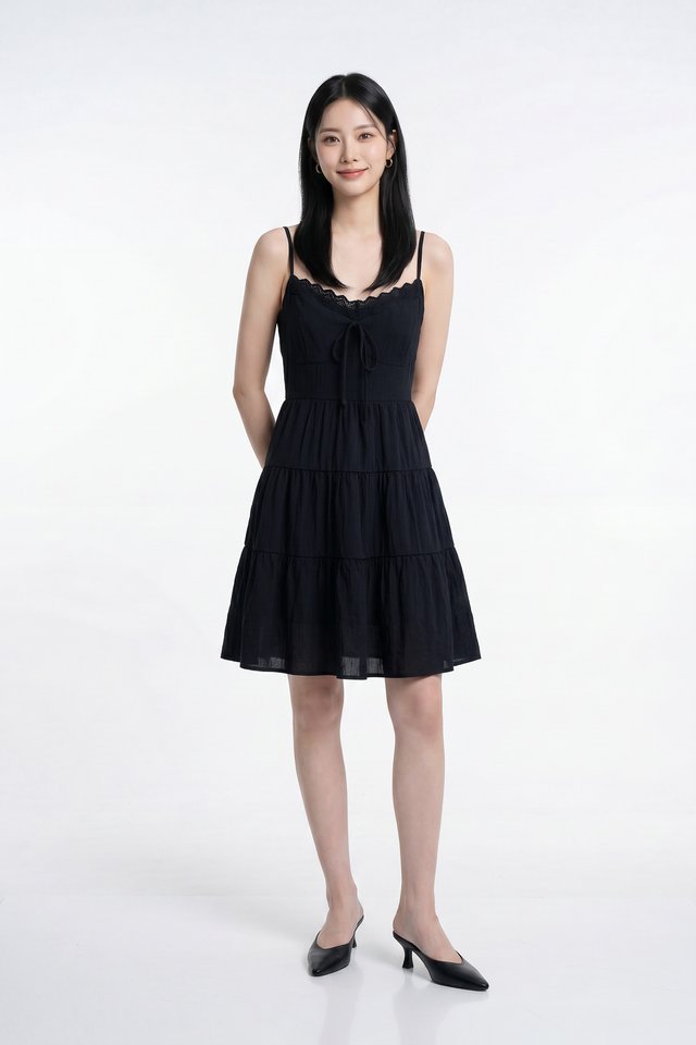 Yuki Crochet Camisole Tiered Dress In Black