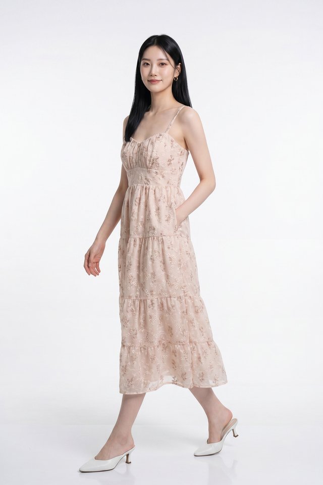 Martha Embroidery Camisole Floral Tiered Midi Dress In Blush