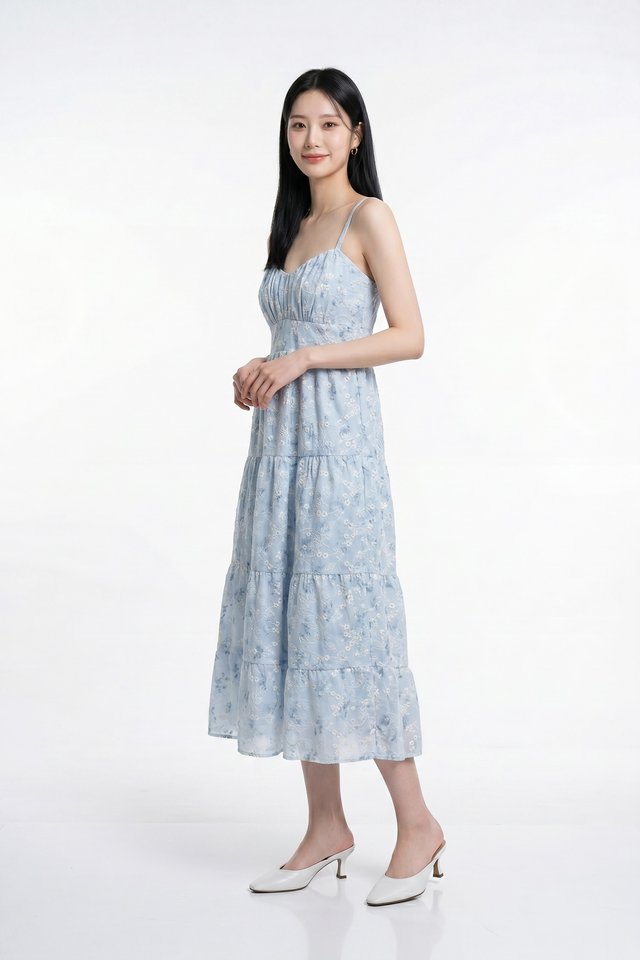 Martha Embroidery Camisole Floral Tiered Midi Dress In Soft Blue