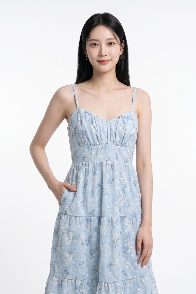 Martha Embroidery Camisole Floral Tiered Midi Dress In Soft Blue