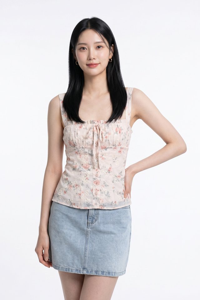 Santuary Fleur Ruched Embroidered Button Top In Blush