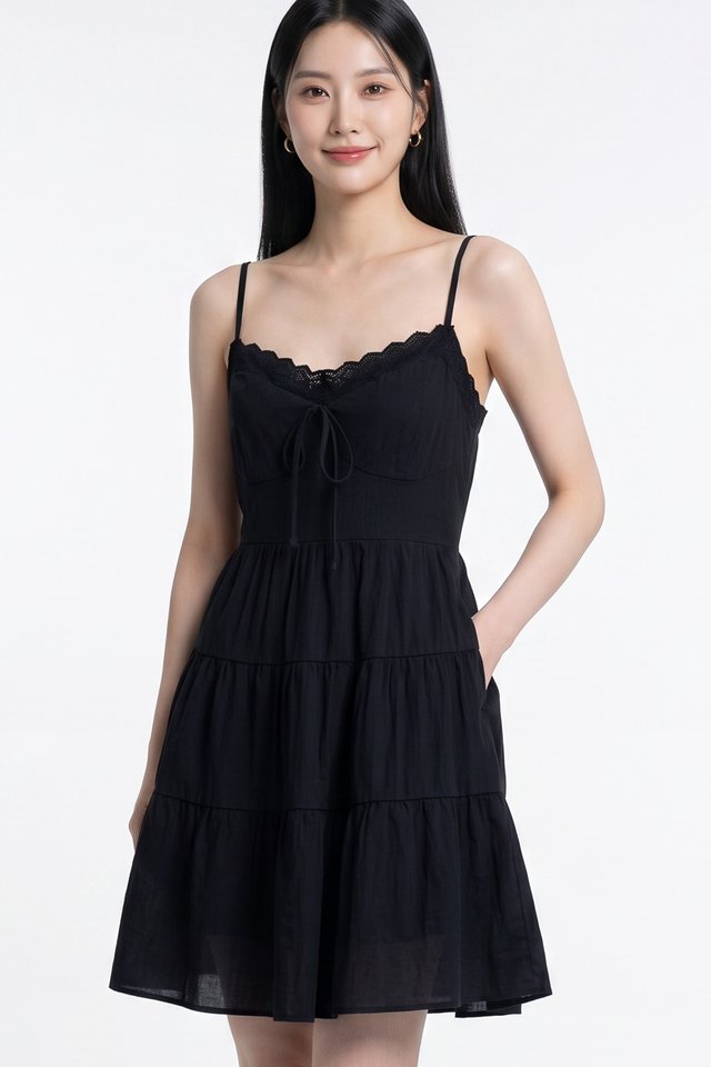 Yuki Crochet Camisole Tiered Dress In Black
