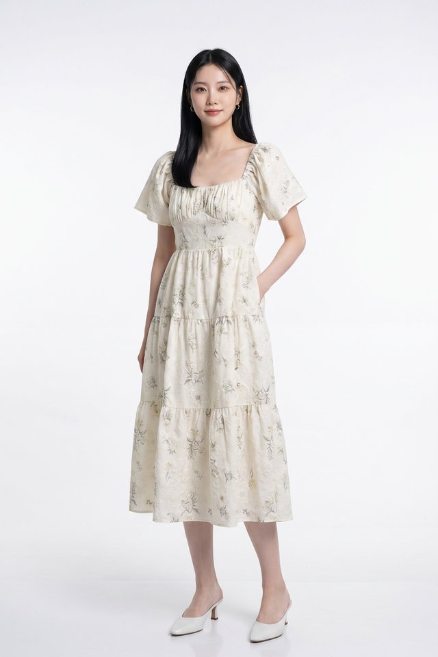 Aaira Embroidery Ruched Tiered Midi Dress In Cream