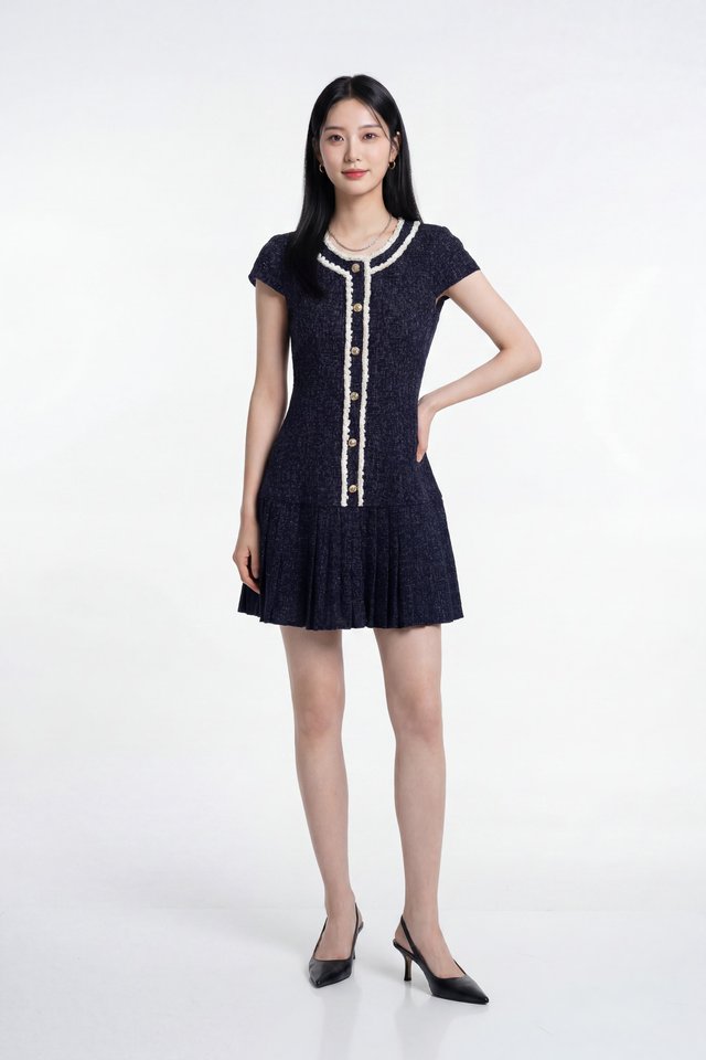 Lucia Tweed Pleated Button Dress In Navy
