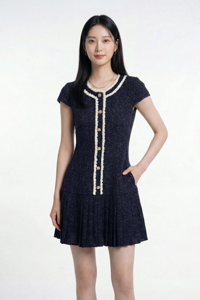 Lucia Tweed Pleated Button Dress In Navy