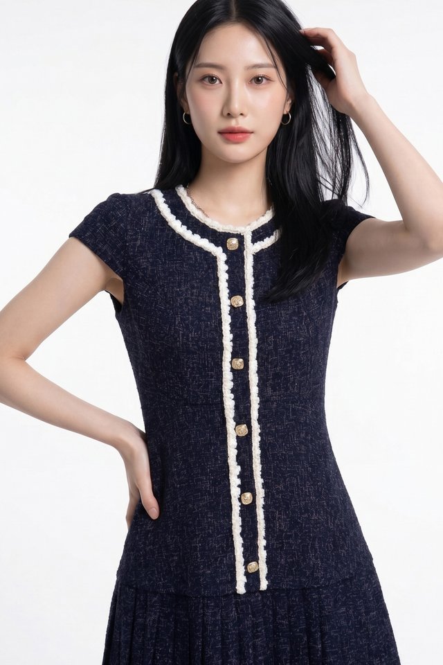Lucia Tweed Pleated Button Dress In Navy