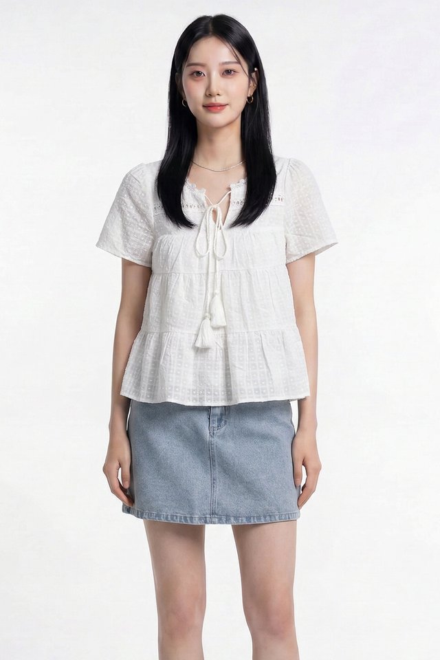 Tora Swiss Dots Cotton Tassel Top In White