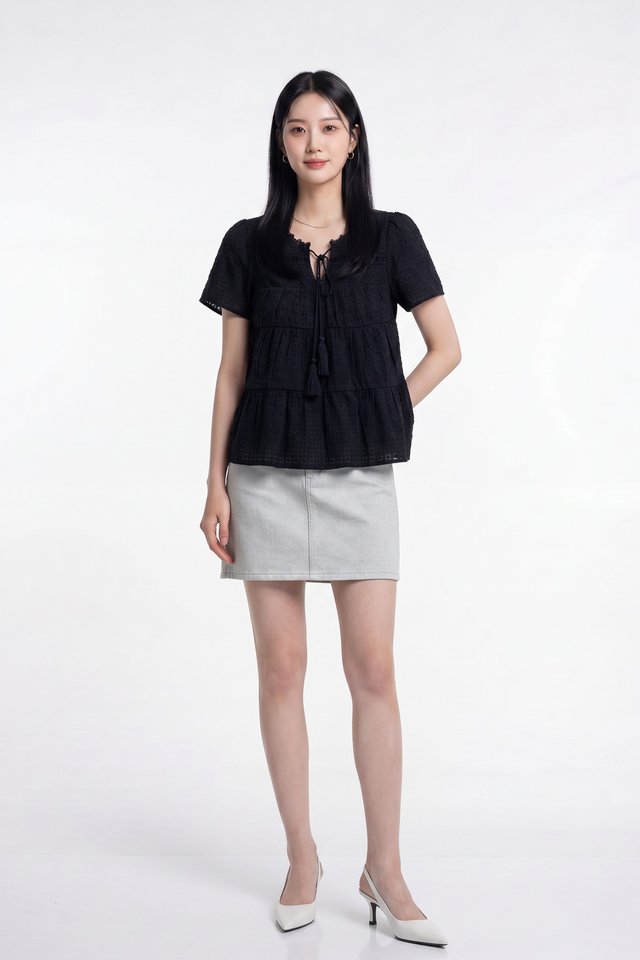 Tora Swiss Dots Cotton Tassel Top In Black