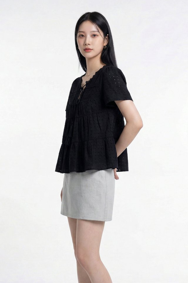 Tora Swiss Dots Cotton Tassel Top In Black