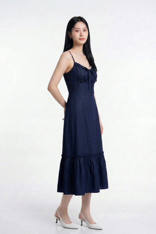 Diara Camisole Ruffles Midi Dress In Navy