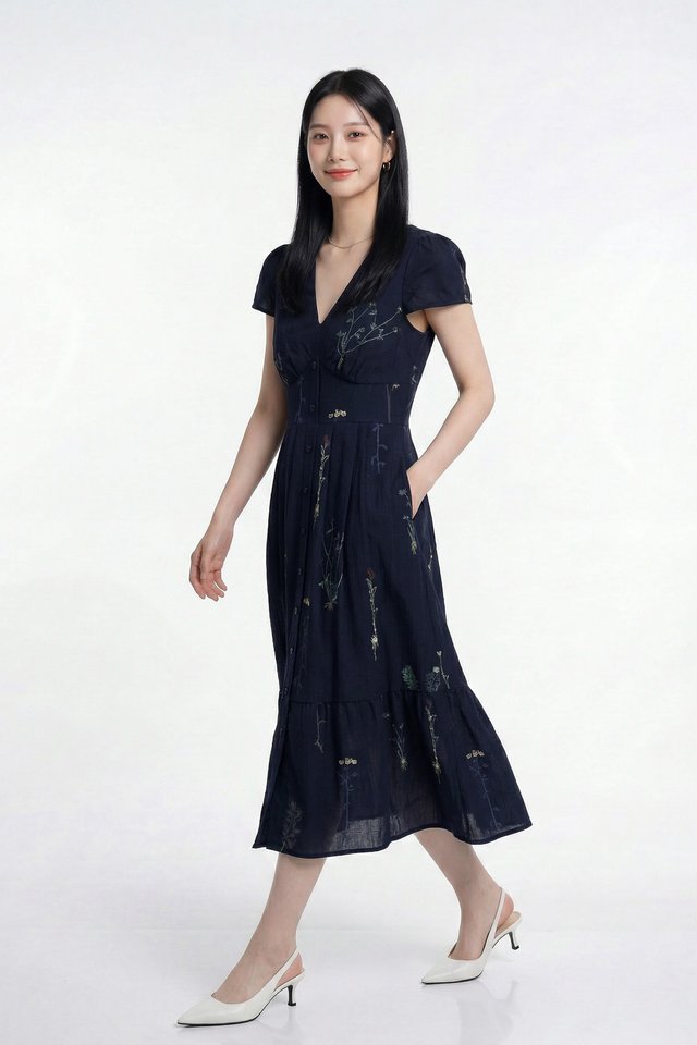 Bennet Floral Button Midi Dress In Navy