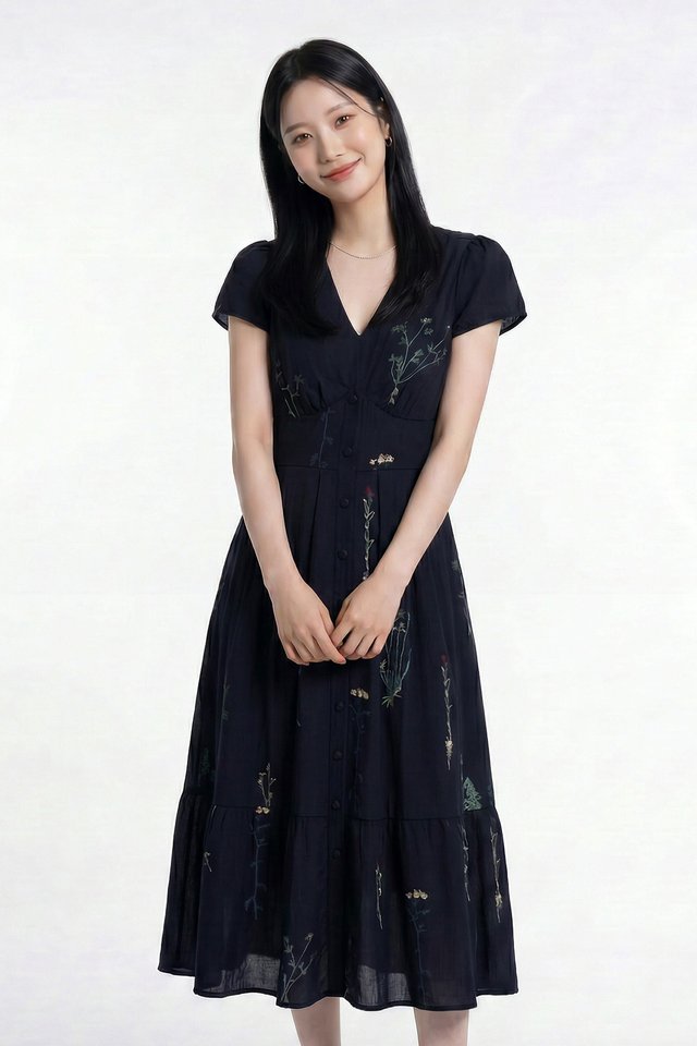 Bennet Floral Button Midi Dress In Navy