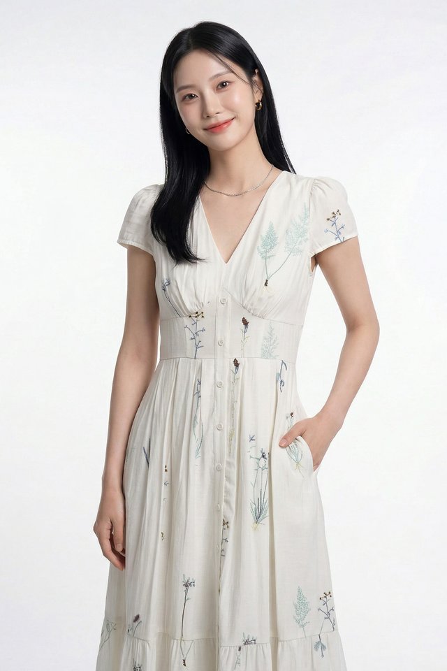 Bennet Floral Button Midi Dress In Ivory