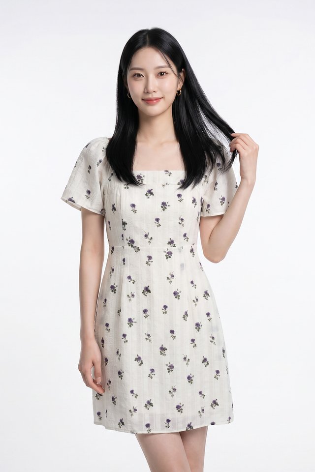Lunox Textured Floral Dress in Cream