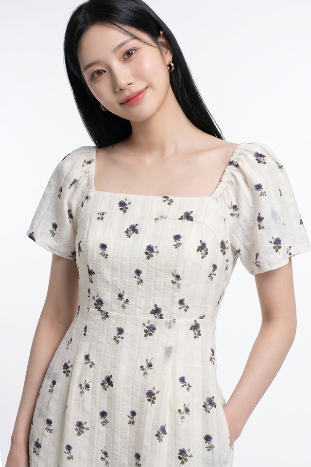 Lunox Textured Floral Dress in Cream