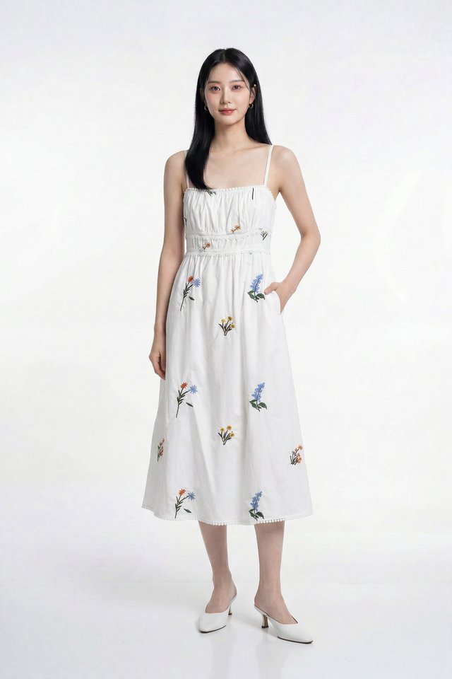 Marley Camisole Fleur Midi Dress in White