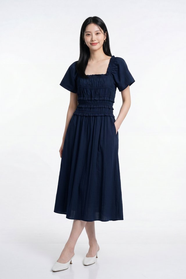 Maren Smocked Ruffles Midi Dress in Navy
