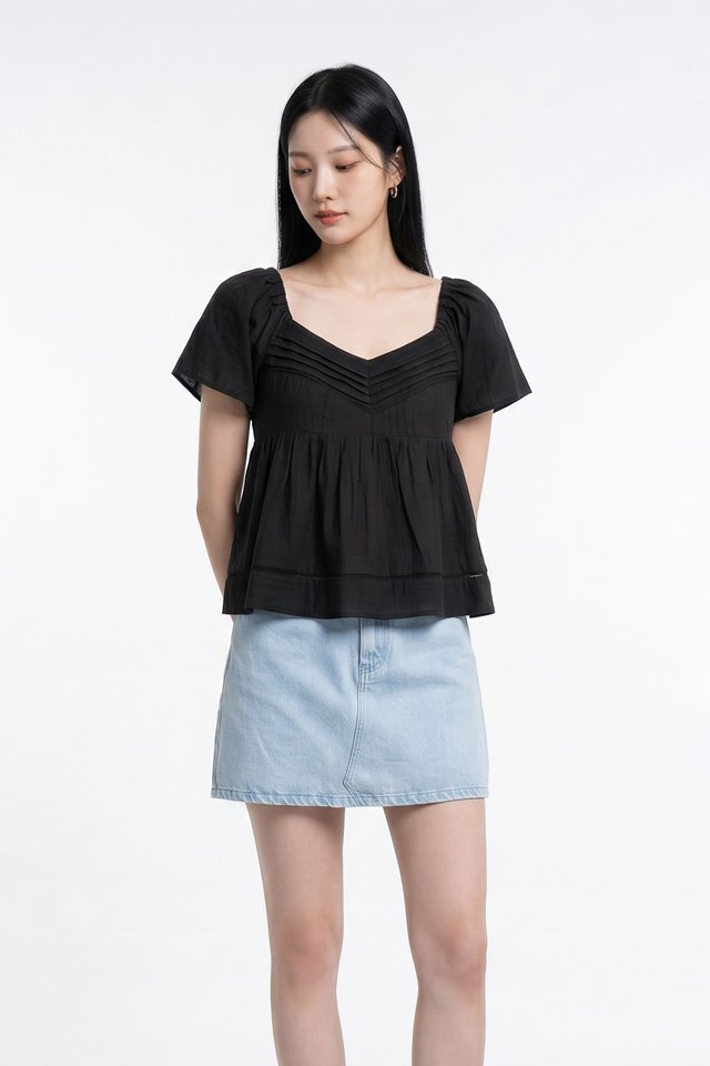 Alora Pleated Crochet Top in Black