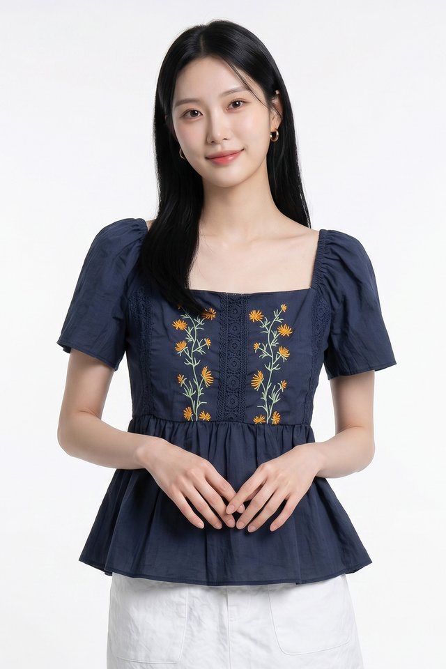 Adeline Embroidered Floral Top in Navy