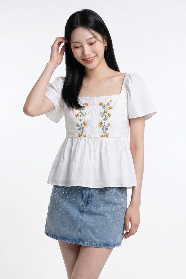 Adeline Embroidered Floral Top in White